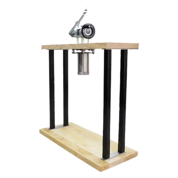 Introducing the Fresco Spaghetti Ice Cream Press Maker Gelato Noodle Ice Cream Maker, featuring a sturdy metal frame and a wooden base. This innovative machine comes equipped with a convenient hand crank and an adjustable sealing mechanism.