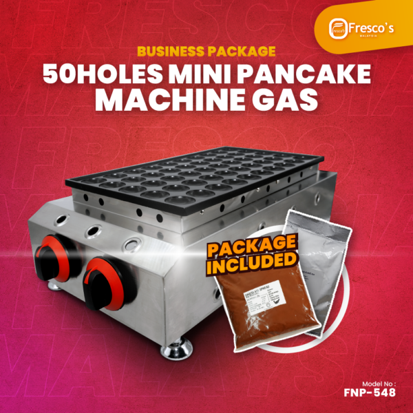 The [Business Package] 50 Holes Mini Pancake Gas Machine includes a 50 Holes Mini Pancake Gas Machine.