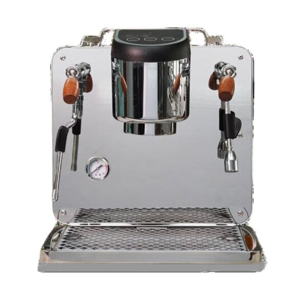 Fresco Malaysia Espresso Coffee Machine made of stainless steel, featuring two wooden-handled portafilters, a steam wand, a hot water nozzle, and a pressure gauge on the front panel.