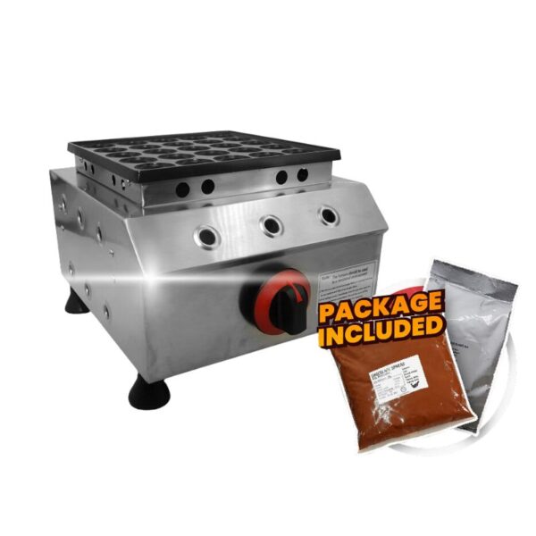 [Business Package] 25 Holes Mini Pancake Gas Machine with a black cooking plate and a package of seasoning included.