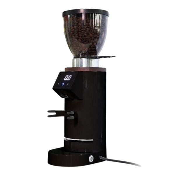 The Fresco Electric Conical 64mm Steel Burr Coffee Bean Grinder in sleek black is equipped with a digital display and features a transparent container for holding coffee beans on top.