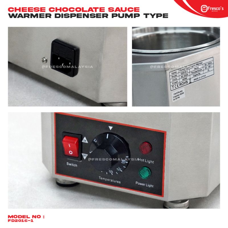 A close-up view of the Cheese Chocolate Sauce Warmer Melter Dispenser Pump Type reveals its power switch, temperature dial, and metal container, with the model number FD2026-1 clearly visible.