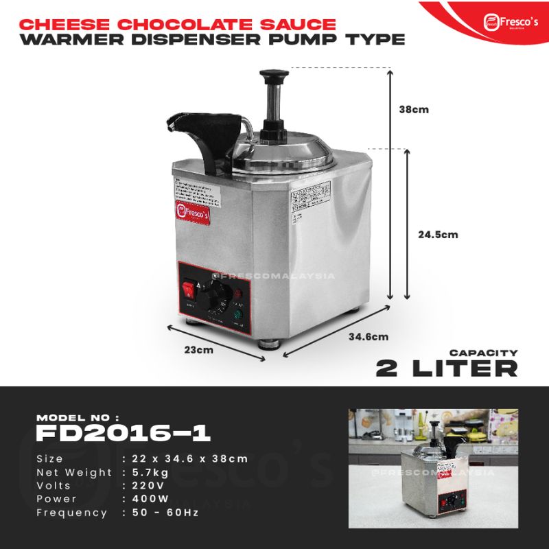 Cheese Chocolate Sauce Warmer Melter Dispenser Pump Type, featuring a 2-liter capacity and 400W power. Dimensions: 22 x 34.6 x 38 cm, net weight 5.7 kg.