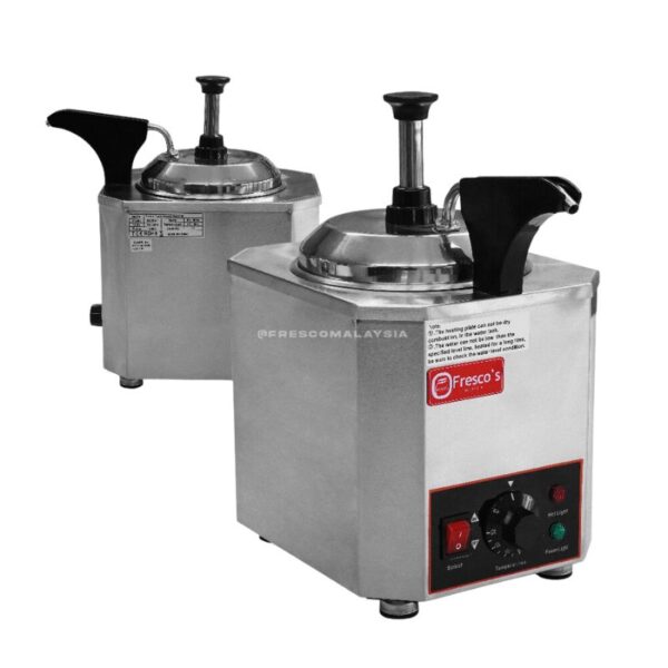 Displayed against a white background are two Cheese Chocolate Sauce Warmer Melter Dispenser Pump Types, featuring stainless steel construction with black handles and control dials.