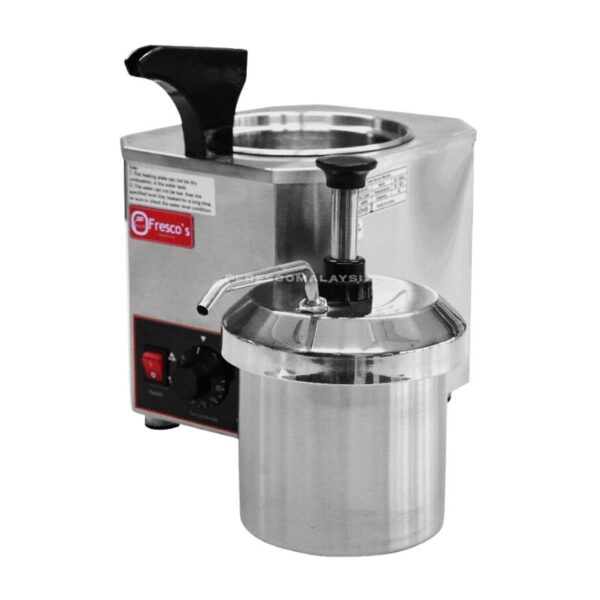 Cheese Chocolate Sauce Warmer Melter with a pump dispenser and temperature control knob.