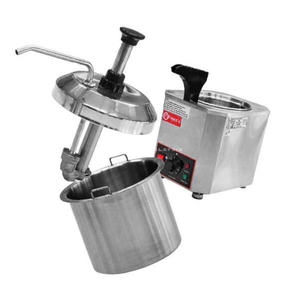 Cheese Chocolate Sauce Warmer Melter Dispenser with a pump nozzle, stainless steel container, and an electronic heater base.