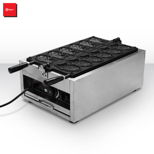 An electric waffle maker with multiple waffle molds sits on a plain surface, featuring a power cord and control panel on the side, designed for AUTO-DRAFT convenience.