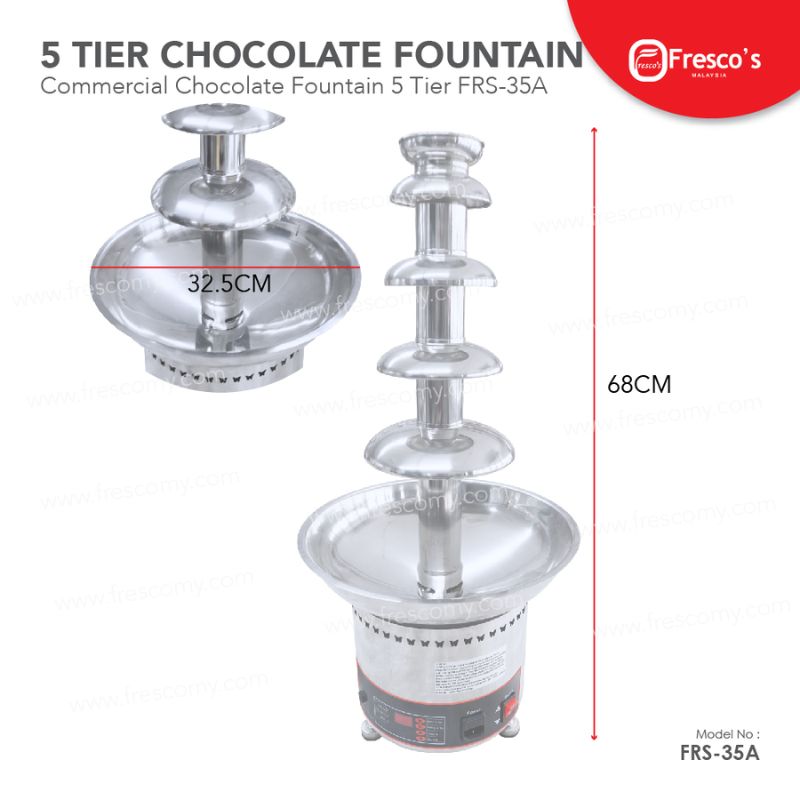 Six-tier stainless steel chocolate fountain, model FRS-36A, with dimensions marked: height 68cm, width 32.5cm. Commercial use, by Fresco's Company.