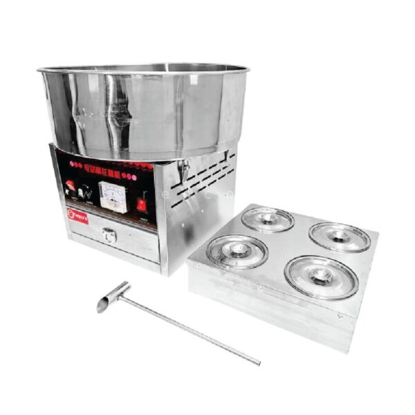 The Candy Floss Machine FDDMHTJ-02 is a stainless steel commercial tofu maker with a digital display, four circular mold slots, and a long metallic tool. Its precise heater controller ensures consistent quality in every batch.