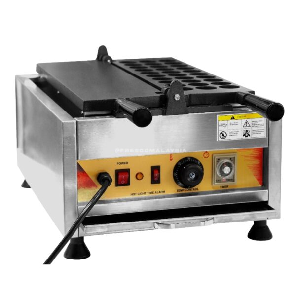 The Kaya Ball 30 Holes Machine Electric FKB-30B has a stainless steel body, a black cooking plate with 30 holes, front control knobs, indicator lights, and safety labels.
