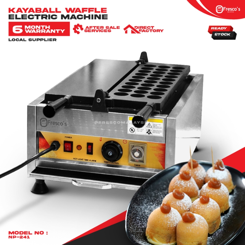 Kaya Ball 30 Holes Machine Electric FKB-30B with control panel and handle, shown beside round, powdered waffles topped with sauce. Features 30 holes for making perfectly shaped kaya balls every time.