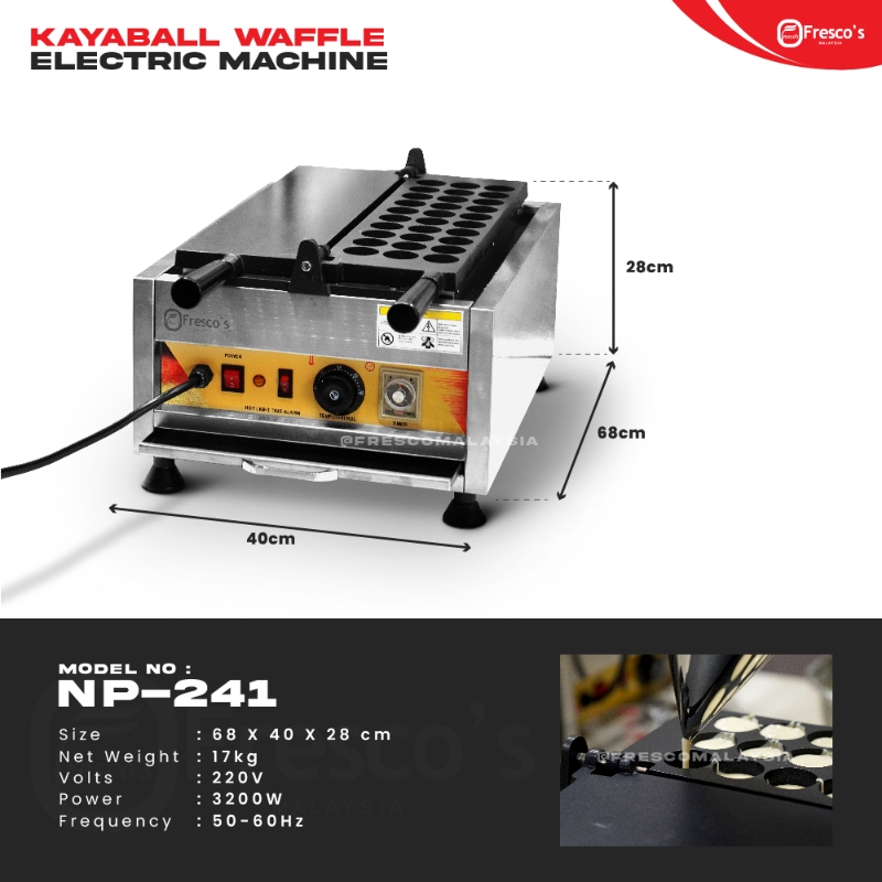 Kaya Ball 30 Holes Machine Electric FKB-30B includes a control panel and power cord, has 30 holes for waffles, measures 68 x 40 x 28 cm, uses 3200W/220V, and weighs 17kg.