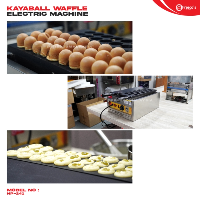 Three images show the Kaya Ball 30 Holes Machine Electric FKB-30B making round waffles; the machine, waffle batter, and finished kaya balls are visible.
