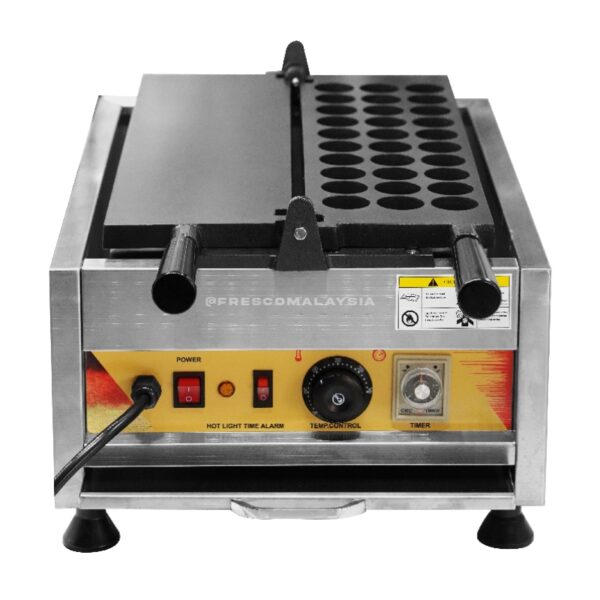 The Kaya Ball 30 Holes Machine Electric FKB-30B features a stainless steel body, control knobs, indicator lights, and a mold tray—ideal for making tasty round snacks like takoyaki and kaya balls.