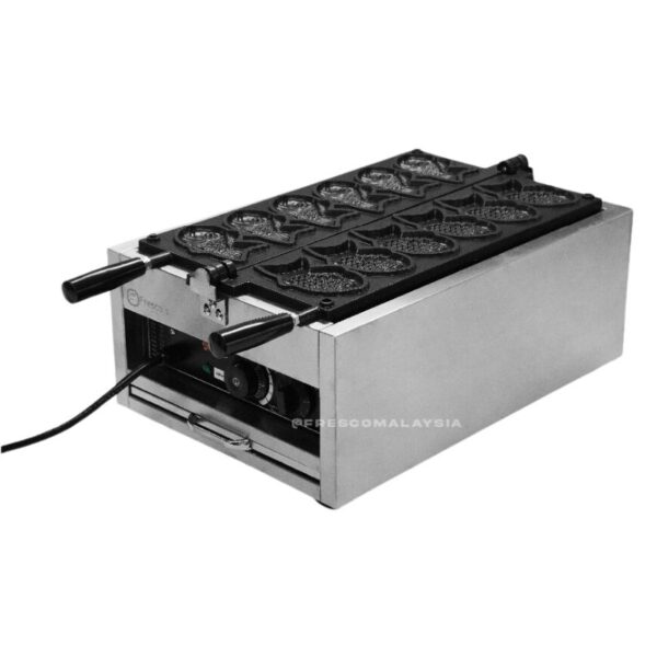 The Taiyaki Fish Waffle 6pcs Electric Machine FNP-268 is a versatile stainless steel appliance featuring multiple circular molds and a power cord, ideal for making delicious fish waffles and more.