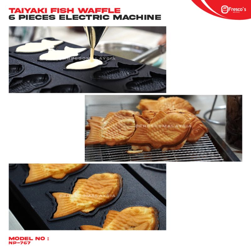 The Taiyaki Fish Waffle 6pcs Electric Machine FNP-268 expertly crafts taiyaki waffles by transforming batter into delightful treats. Cooked taiyaki cool on a rack, showcasing the precision of this waffle maker.