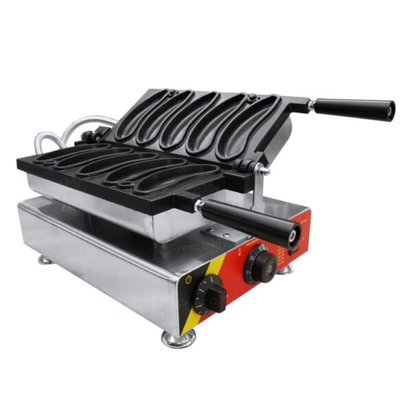 The Smiley Banana Waffle Electric Machine FNP-439 features dual handles and control knobs, ideal for baking multiple elongated smiley banana waffles at once.