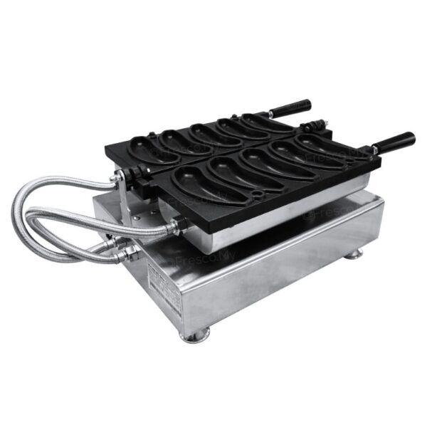 The Smiley Banana Waffle Electric Machine FNP-439 is a metal fish-shaped waffle maker with six molds and two sturdy handles on a sleek stainless steel base, perfect for crafting delightful waffles with ease.