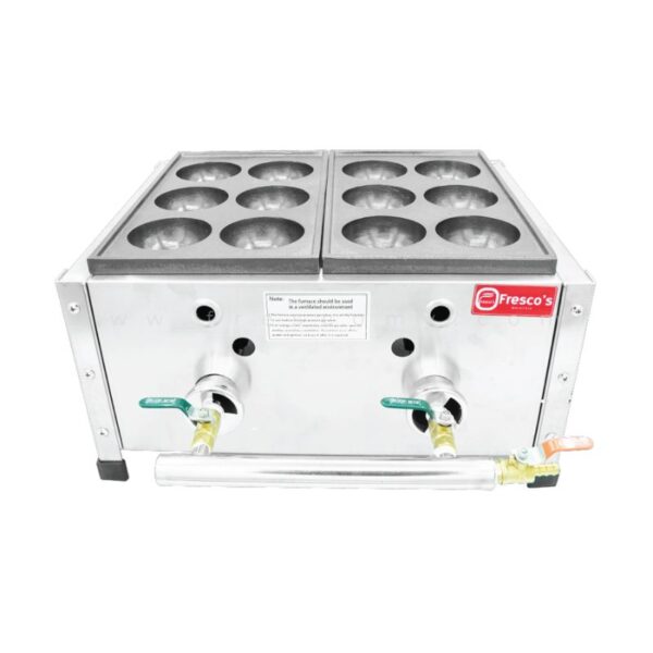 The Takoyaki Bomb Hot Plate, featuring two gas knobs and eight round molds on top for cooking, doubles as an efficient hot plate.