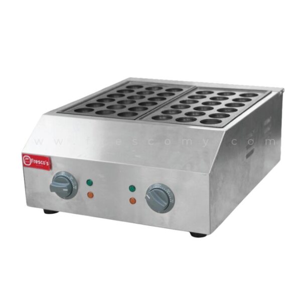 The Takoyaki Machine Electric Double Plate 18 Hole FR-1136 TK-1, with its stainless steel design and dual control knobs, is perfect for crafting delicious treats.