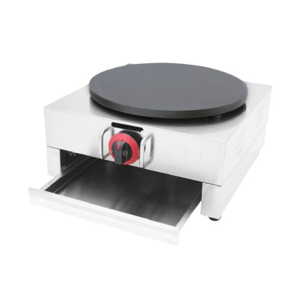 The Crepe Machine Gas Stainless Steel FR-42 features a round non-stick surface, a bright red knob, and a handy pull-out drawer. This commercial model delivers both precision and style, making it perfect for efficient cooking.