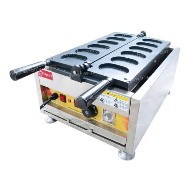 The stainless steel electric hot dog grill, akin to the Korean Egg Bread Waffle Electric Machine FNP785 FR-44, features non-stick rollers, a control panel with switches and indicator lights for optimum efficiency.