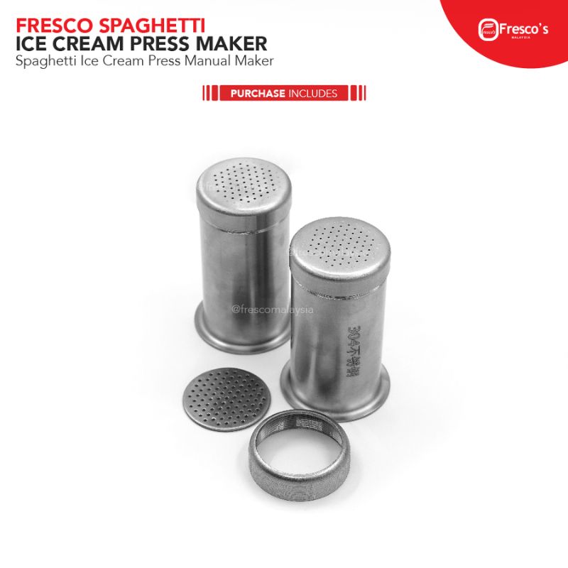 The Spaghetti Ice Cream Press Maker ICE-Noodle includes two metal attachments with perforated tops and a ring, perfect for any noodle enthusiast, set against a white background.