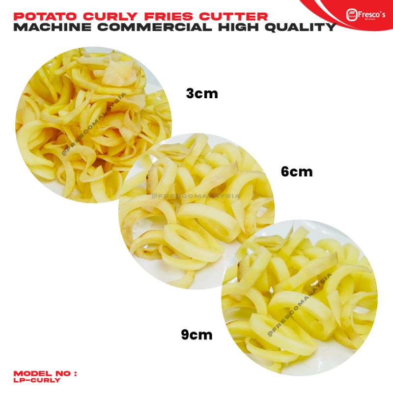 Image showcases Fresco's high-quality commercial-grade Potato Cutter Manual Cutter Machine LP-Curly, turning potatoes into curly fries in three sizes—3cm, 6cm, and 9cm—with precision for perfect curls.