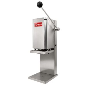 The Potato Cutter Manual Machine LP-Curly features stainless steel construction, a black handle, a red Fresco’s label, and a flat base plate—perfect for flattening, pressing, or cutting potatoes.