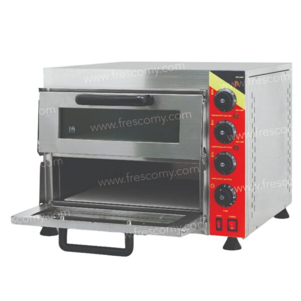 A stainless steel NP-13 double deck commercial pizza oven with a stone base, front-loading door, and three red control knobs on the side.