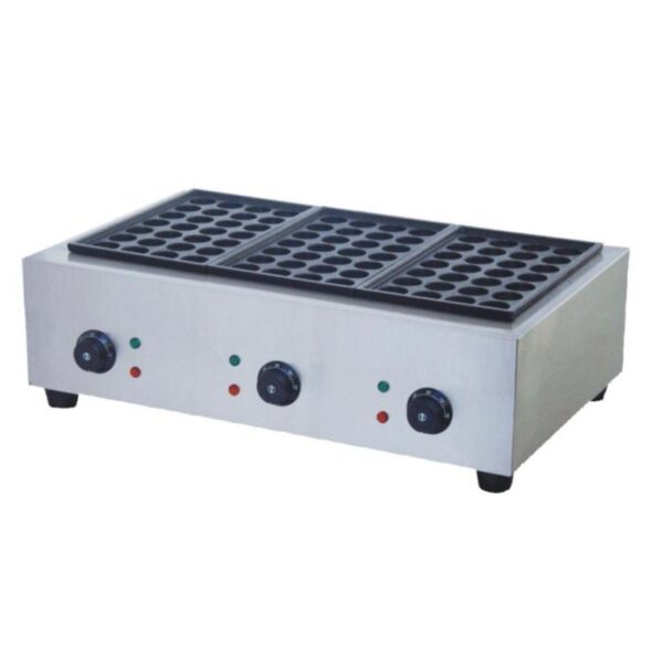 Introducing the sleek Silver Takoyaki Machine Electric Three Plate 28 Hole TK-3 with dual cooking plates and three control knobs for precise settings. Its user-friendly front indicator lights make it a waffle maker that's versatile enough to function as an electric Takoyaki machine.