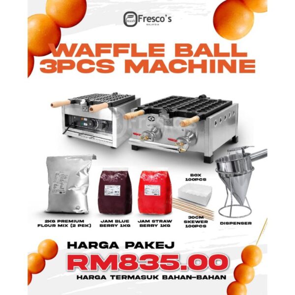 Introducing our [Business Package] 25 Holes Mini Pancake Electric Machine 3-piece package! Perfect for business ventures, this set includes a flour mix, jam, skewers, and a dispenser. Get yours now for just RM835.00. Ideal for creating delicious treats effortlessly!.