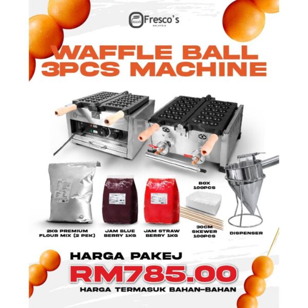 Promotional poster for the [Business Package] 6 Holes Hotdog Waffle Electric Machine set. Includes three machines, flour mix, berry jams, and skewers. Package price: RM785.00, all ingredients included.