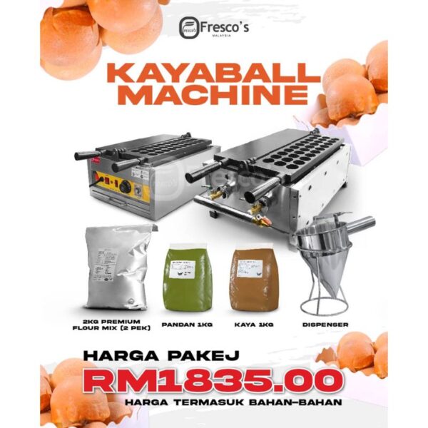 Promotional image for the [Business Package] Waffle Double Electric Machine, featuring a double electric cooking device, flour mix, pandan, kaya, and a dispenser. Price: RM1835.00.