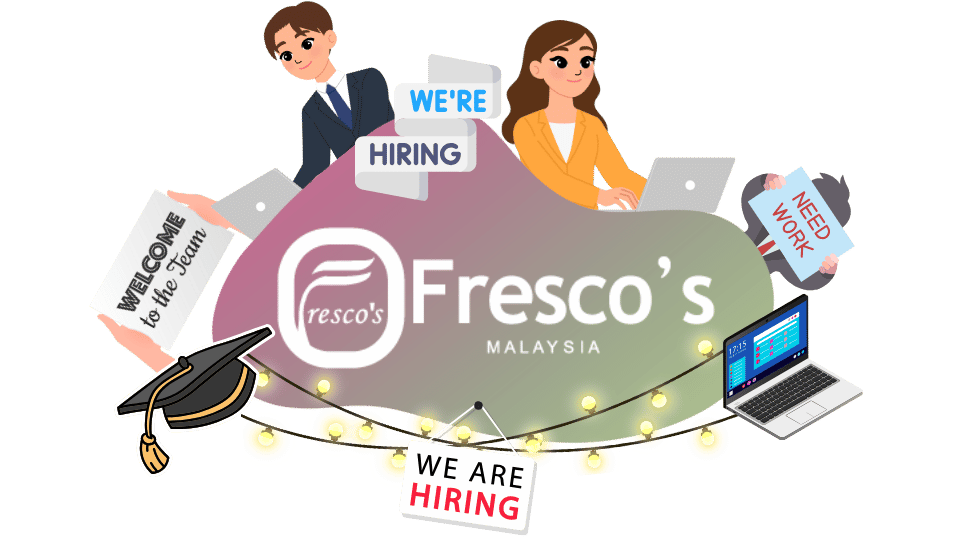 Illustration of Fresco's Malaysia hiring announcement, featuring two people with laptops, and signs reading "We're Hiring," "Need Work," and "Welcome to the Team.