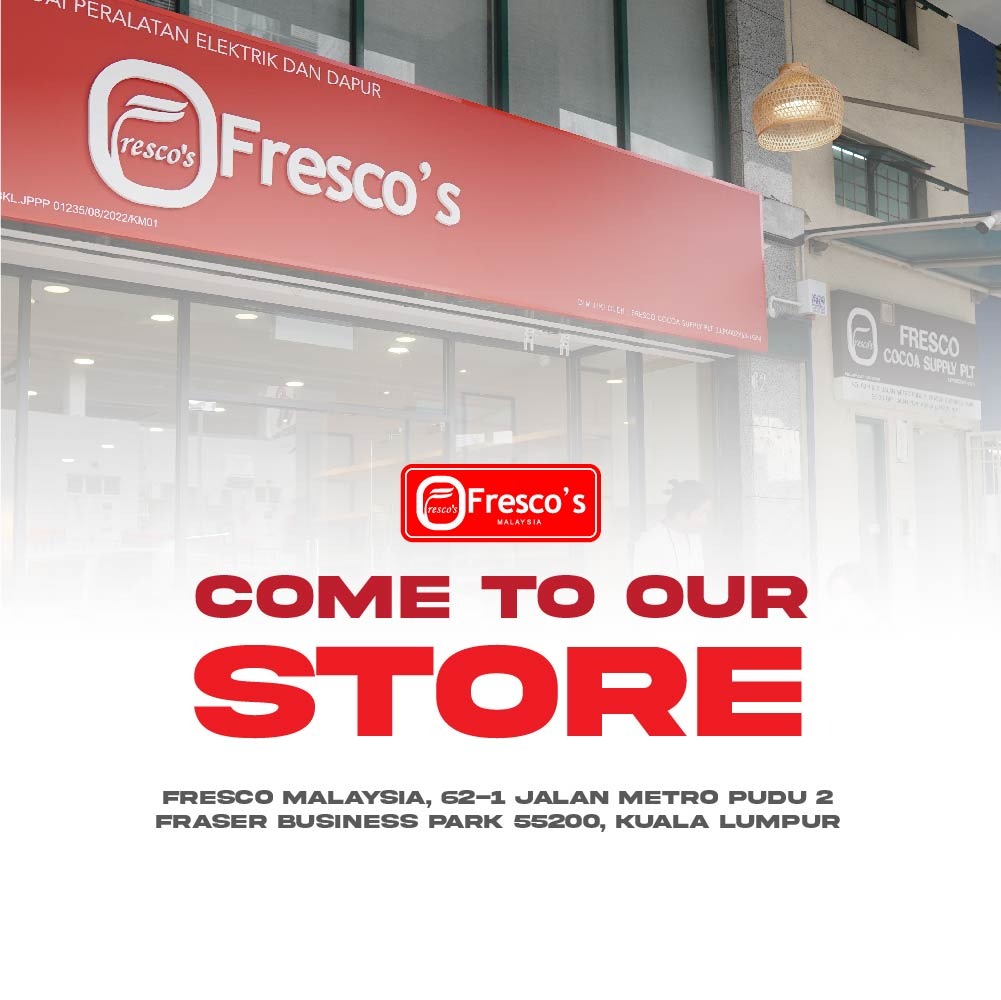 Exterior of Fresco's Malaysia store with a red and white sign. Text reads, "COME TO OUR STORE," and provides the address in Kuala Lumpur.