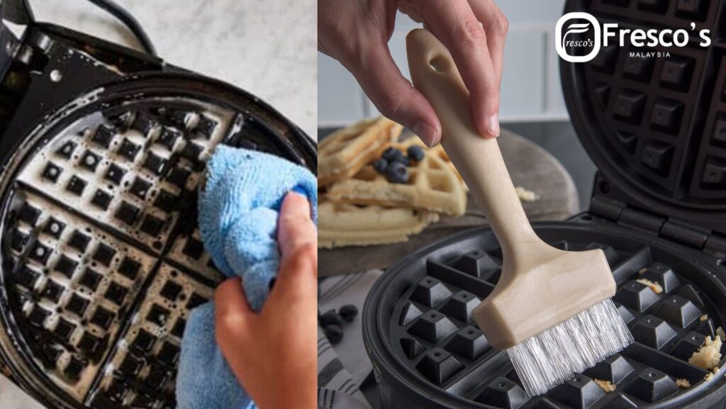 Close-up of two images: one shows a hand cleaning a waffle maker with a cloth, the other shows a hand removing crumbs from a waffle maker with a brush.
