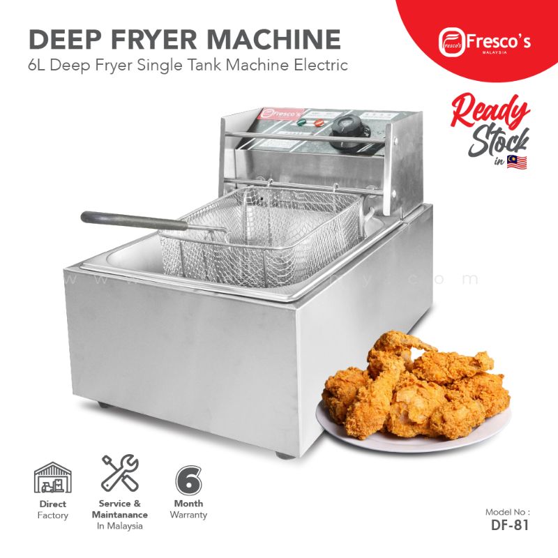 The Deep Fryer Double Tank Electric DF-81 boasts a 6L capacity with a convenient basket, perfect for frying chicken. Featuring branded elements and icons in the background, this model is your must-have appliance for crispy perfection.
