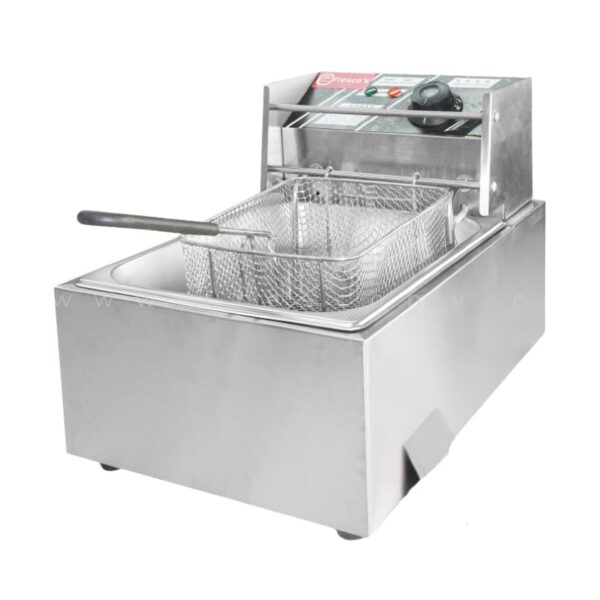 Introducing the Deep Fryer Double Tank Electric DF-81: a silver countertop deep fryer with a stainless steel basket, control knobs, and vented lid. Its sleek design and efficient performance make it perfect for any kitchen.