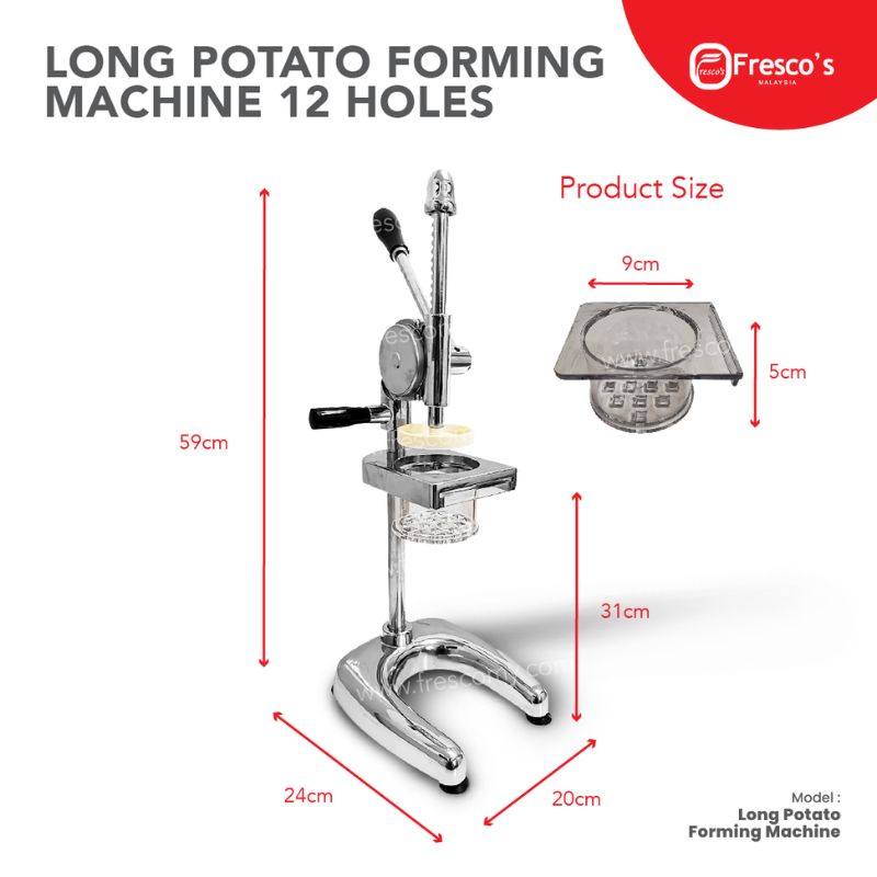 The Long Potato Forming Machine 12 Holes includes a lever and platform, measuring 59cm H x 24cm W x 31cm D. Each product size is 9cm x 5cm.