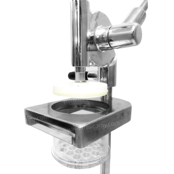 The product is the Long Potato Forming Machine 12 Holes, showcasing a linear design with a lever handle and circular base, featuring a white filter and transparent container below, set against a neutral background.