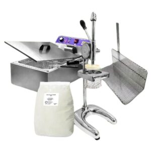 The Business Package includes a 12-hole long potato fryer, metal frying basket, L rack, deep fryer electric 12L, and 2kg of long potato flour to create delicious and unique donuts.