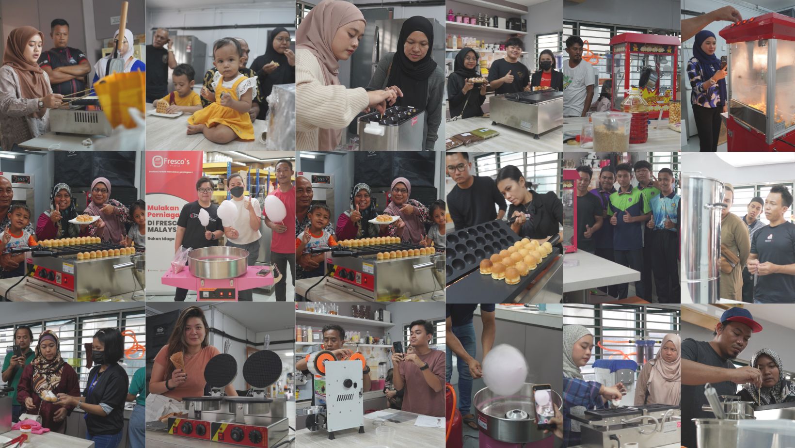 Collage of people in a kitchen setting, reminiscent of a lively fresco, making and serving snacks like waffles and cotton candy. Both children and adults joyfully participate, turning the experience into a vibrant test of culinary creativity.