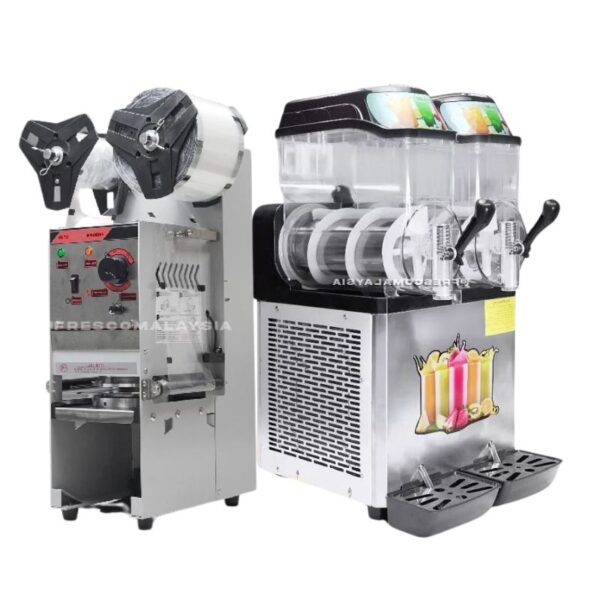 The [Business Package] featuring a sleek Auto Cup Sealing Machine on the left and a Double Ice Slush Machine on the right sits elegantly against a pristine white background, creating an essential setup for beverage enthusiasts.