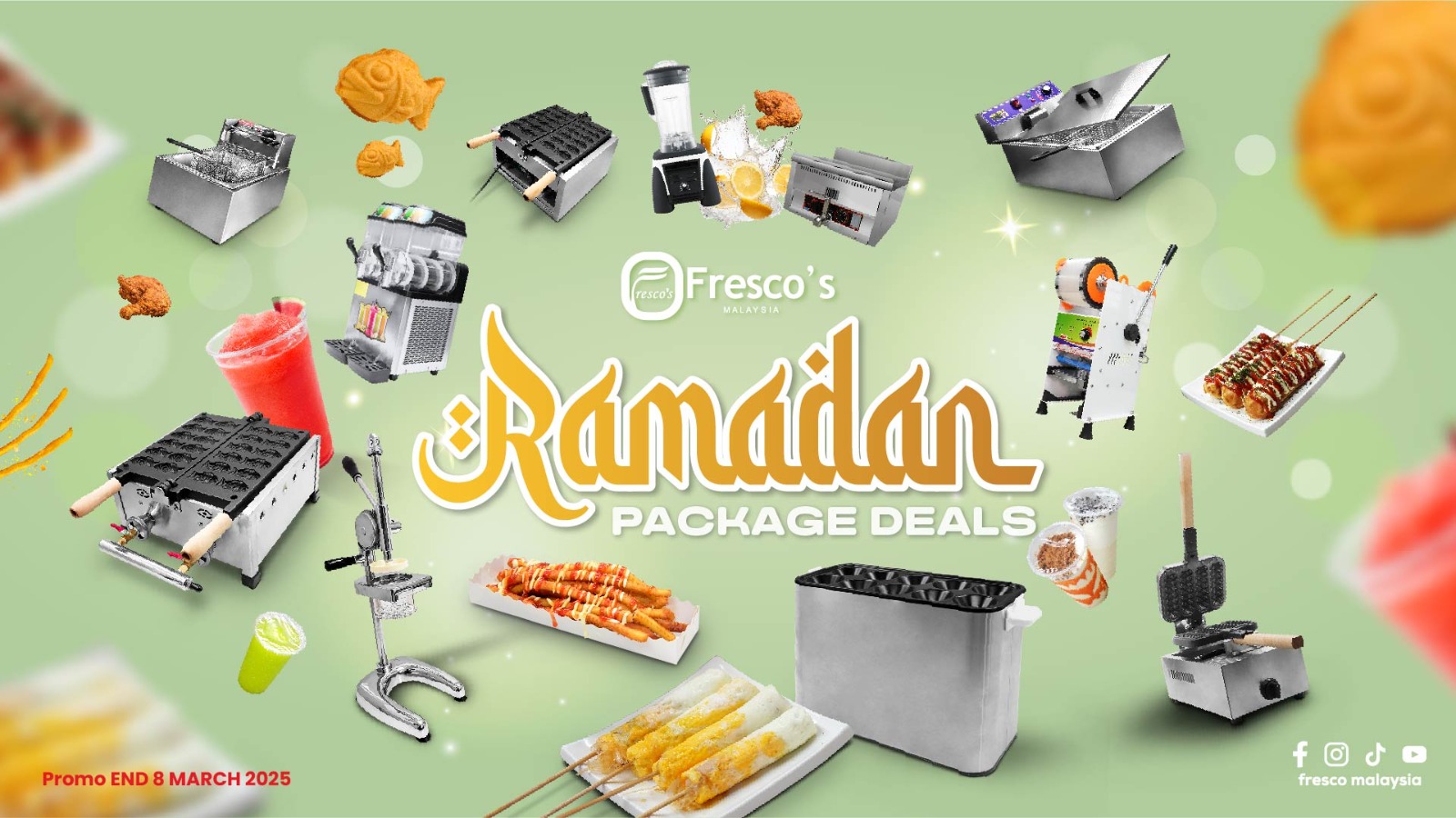 Collage of kitchen appliances and food items with text "Ramadan Package Deals" and "Promo End 8 March 2025" on a green background.