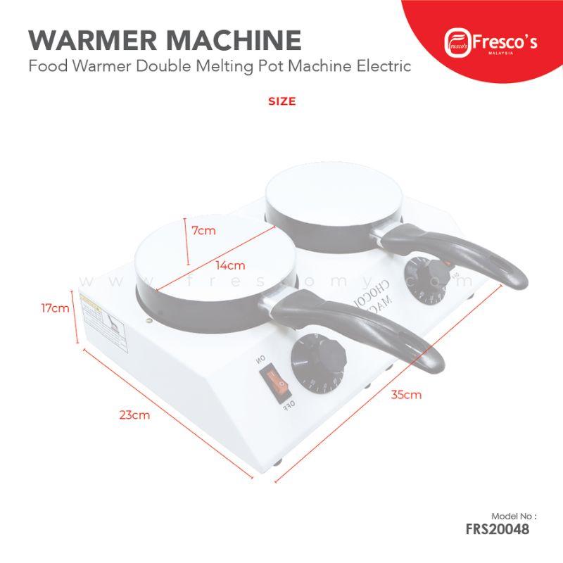 The Food Warmer Double Melting Pot FRS20048 offers two round heated surfaces with control dials for ideal meal temperatures. Its compact design measures 14cm in diameter, 17cm in width, 23cm in depth, and 35cm in overall length.