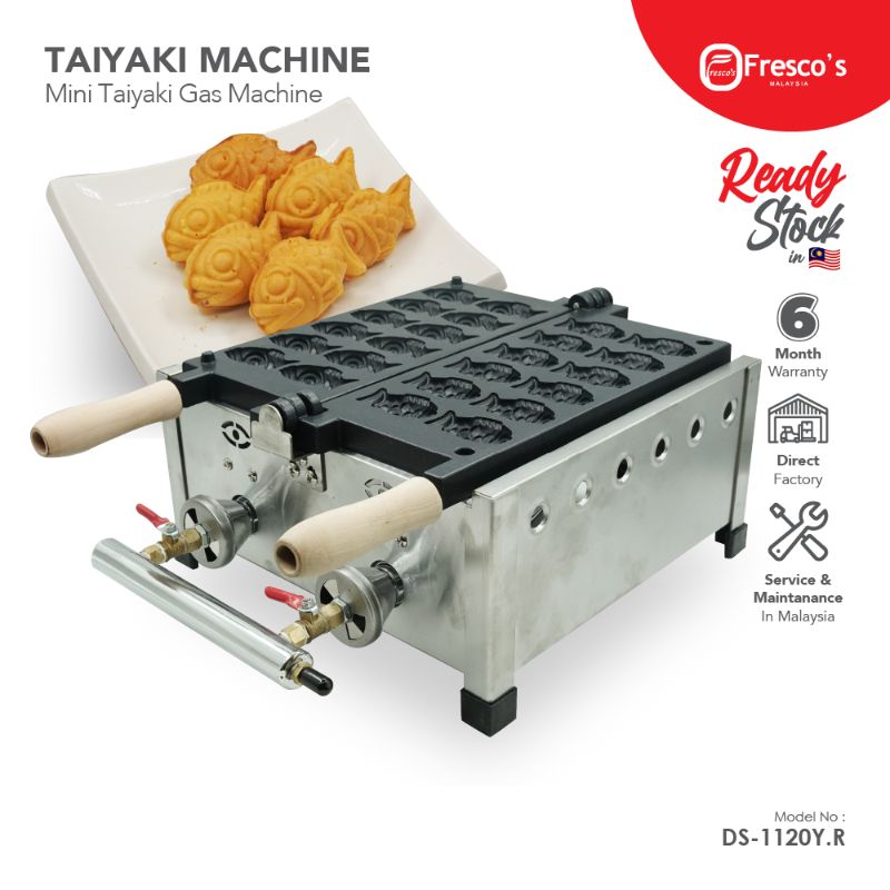 A Taiyaki Fish Waffle Maker Fish Shape Gas Machine DS-1120Y.R is shown beside a plate of fish-shaped taiyaki pastries, with text highlighting its key features and brand details.
