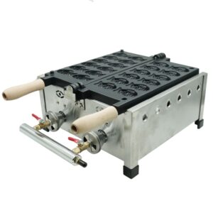 The Taiyaki Fish Waffle Maker Fish Shape Gas Machine DS-1120Y.R features stainless steel construction, two wooden handles, and multiple fish molds—ideal for making tasty treats on your stovetop.