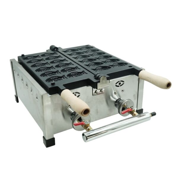 The Taiyaki Fish Waffle Maker Fish Shape Gas Machine DS-1120Y.R features stainless steel and cast iron construction, two wooden handles, and dual gas burners for perfect fish-shaped waffles every time.