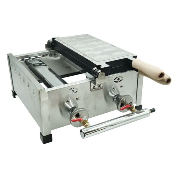 The Taiyaki Fish Waffle Maker Fish Shape Gas Machine DS-1120Y.R features stainless steel construction, control knobs, a flat cooking surface, and a wooden handle—ideal for making delicious fish-shaped waffles.